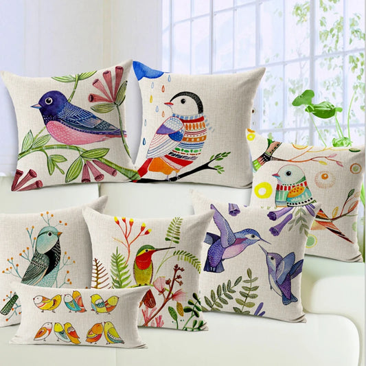 birds decorative pillow Nordic painting linen cushion  45x45 colorful birds almofadas para sofa